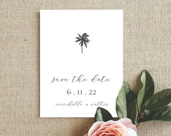 palm tree save the date cards / tropical save the dates / destination wedding save the date template / simple tropical wedding invitation