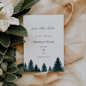 Pine Save the Date Vorlage / rustikale Winter immergrüne Hochzeit / druckbare Save the Date Karten / Baum Save the Dates / bearbeitbare Vorlage
