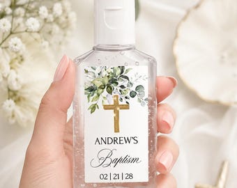 Etiketten für Handdesinfektionsmittel zur Taufe mit Grünmotiven, Gastgeschenk mit goldenem Kreuz