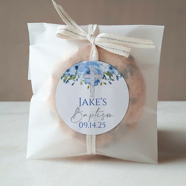 Blue Baptism Stickers, Baptism Kisses Labels, Blue God Bless Stickers, Blue Favor Labels,  Floral Candle Label Baptism Favor Cookie Bag