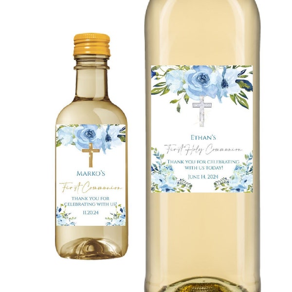 Blue First Communion Wine Labels - Boy Floral Wine Bottle