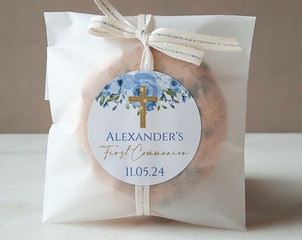 Blue Floral First Communion Stickers, God Bless Favor Labels