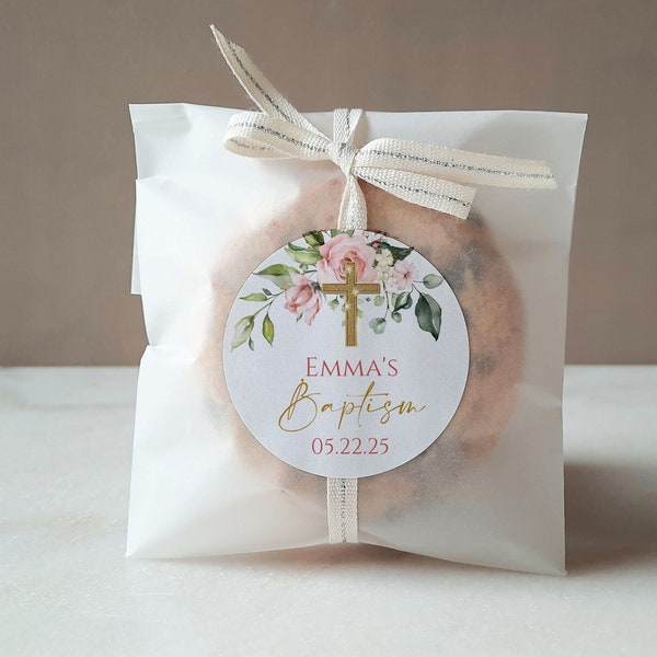 Blush Baptism Stickers, Baptism Kisses Labels, Blush God Bless Stickers, Blush Favor Labels,  Floral Thank You Label Baptism Favor Gift Bag