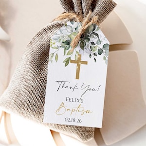 Greenery Baptism Thank You Tag Template, Religious Thank You Tag, Greenery Communion Tags, Glitter Cross Tag, Editable, Printable Baptism