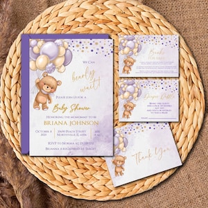 Purple Teddy Bear Baby Shower Invitation Template (Digital Download)