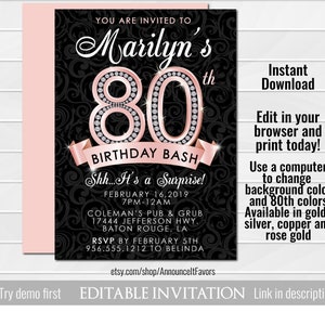 80th Birthday Invitation Adult Birthday Party Invitation - Etsy