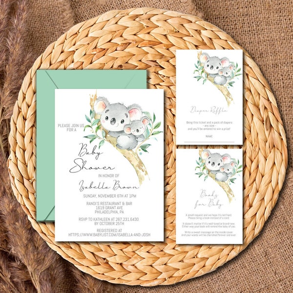 Koala Baby Shower Invitations, Printable Koala Invites Template