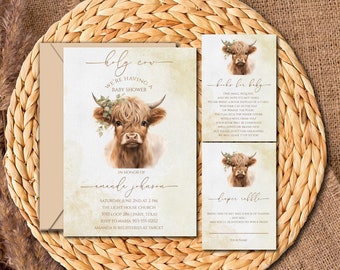 Boho Highland Cow Baby Shower Invitation Suite (Editable Template)