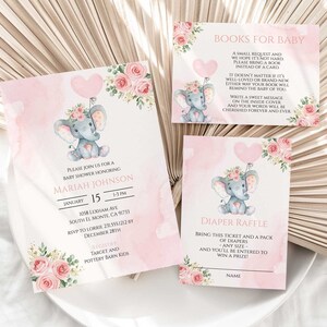 Pink Elephant Baby Shower Invitation, Girl Elephant Baby Shower Invite, Floral Baby Shower Invitation Template, Editable Invitations