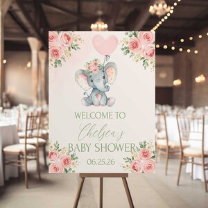Pink Floral Elephant Baby Shower Welcome Sign, Girl Decoration (Printable)