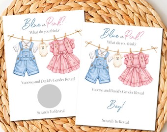 Baby Clothes Gender Reveal Scratch Off Cards, Personalized Blue or Pink Baby Reveal Game, Boy or Girl Clothesline Party Favor