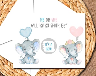 Printed Elephant Gender Reveal Scratch Off Cards, Gender Announcement, Baby Shower Games