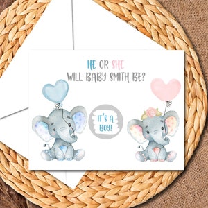 Printed Elephant Gender Reveal Scratch Off Cards, Gender Announcement, Baby Shower Games