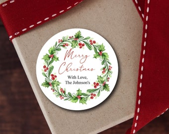 Printed Custom Christmas Wreath Labels, Personalized Christmas Wedding Wreath, 5 Sizes, Merry Christmas Thank You Gift Stickers