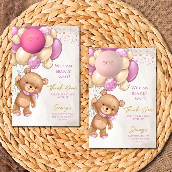 Pink Teddy Bear EOS Baby Shower Favors, Girl Teddy Bear EOS Lip Balm Baby Shower Favors,  EOS Lip Balm Holder Card Printable