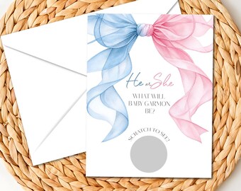 Pink and Blue Bow Gender Reveal Scratch-Off Card, Boy or Girl Reveal Party Game