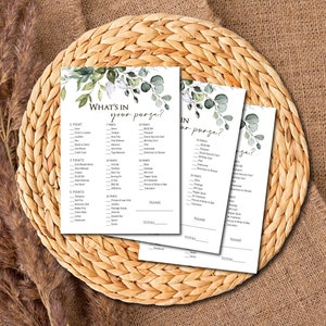 May include: Three printable game cards with a green and white floral design. The cards have the title "What's in your purse?" and a list of items to check off.
