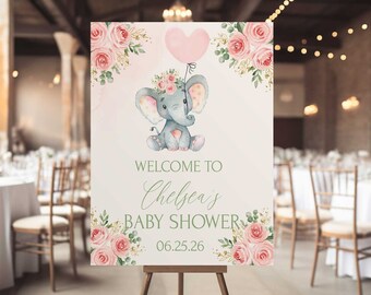 Letrero de bienvenida para baby shower con elefante floral rosa, decoración para niña (imprimible)
