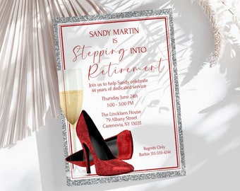 Red Glitter Shoes Retirement Invitation, Printable Heels Retirement Party Invitations