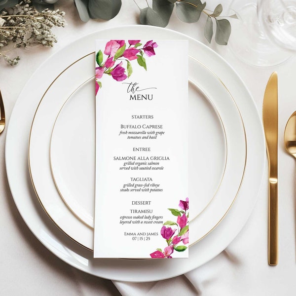 Bougainvillea Wedding Menu Template,  Editable Digital