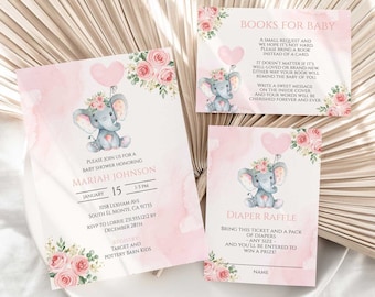 Op de afbeelding: Babyshower briefpapier set met een aquarel olifant die een roze ballon vasthoudt. De set bevat een uitnodiging, een luier verloting kaart en een boek aanvraag kaart, allemaal met bloemaccenten en tekst.