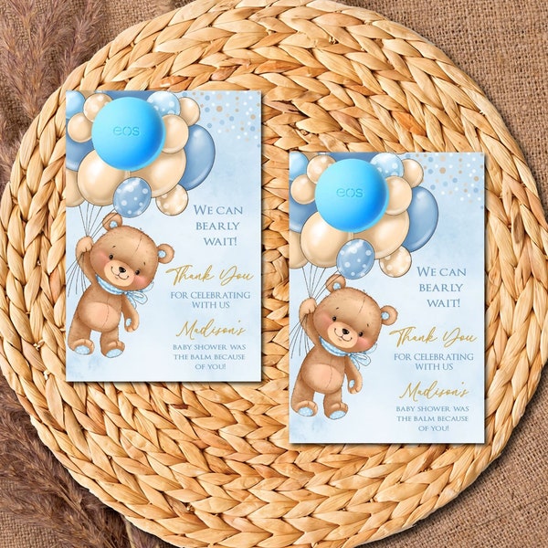 Blue Teddy Bear EOS Baby Shower Favors, Boy Teddy Bear EOS Lip Balm Baby Shower Favors,  EOS Lip Balm Holder Card Printable