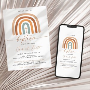 May include: A baptism invitation with a rainbow arch and cross in muted orange, brown, and blue colors. The invitation text reads "Join us for the baptism of our daughter Gabriela Bellot" with details for the ceremony and reception.