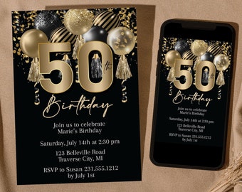 Adult Birthday Invitation, Black Birthday Invite, Adult Party, Gold 50th Birthday Invitation, Glitter Balloon, Printable Template
