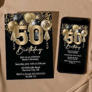 Adult Birthday Invitation, Black Birthday Invite, Adult Party, Gold 50th Birthday Invitation, Glitter Balloon, Printable Template