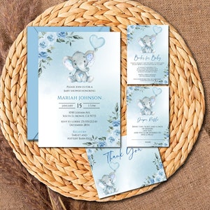 Blue Elephant Baby Shower Invitation, Boy Elephant Baby Shower InvitationTemplate, Instant Access