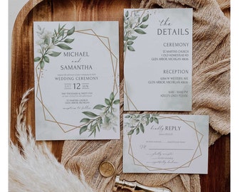 Greenery Eucalyptus Wedding Invitation Suite Template (Digital Download)