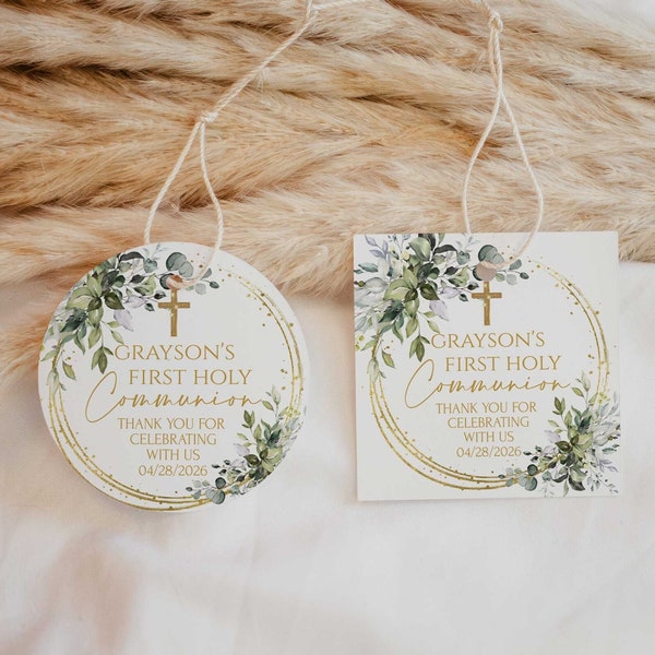 Greenery Communion Favor Tags, Greenery First Communion Thank You Tags Printable, Square Communion Tags, Round Favor Tag Template