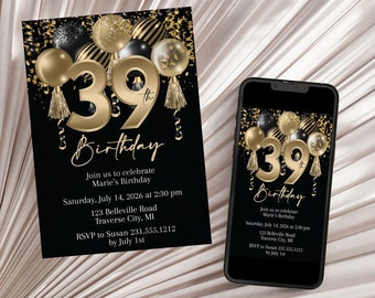 39th Birthday Invitation, Thirty Nine Birthday, 39th Black and Gold Birthday Invitation, 39 Birthday Invite for Women, Digital Invitation