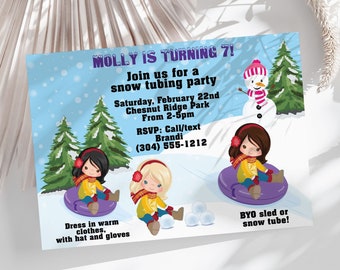 Snow Tubing Invitation - Girls Tubing Birthday Party Invitation - Choose Your Hair Color