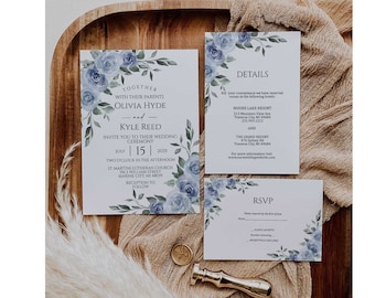 Dusty Blue Wedding Invitation, Floral Dusty Blue Wedding Invitation, Digital Invitation, Slate Blue Invite, Corjl Template