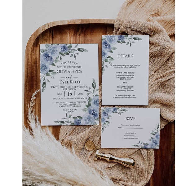 Dusty Blue Wedding Invitation, Floral Dusty Blue Wedding Invitation, Digital Invitation, Slate Blue Invite, Corjl Template