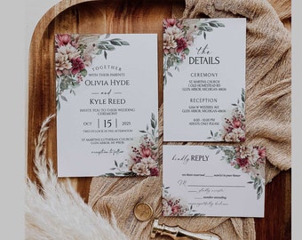 Plantilla de invitación de boda con flores burdeos (imprimible)