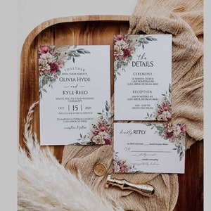 Editable Burgundy Wedding Invitation Template, Floral Wedding Invitation, Printable Wedding Invitation Template Download, Invites Burgundy