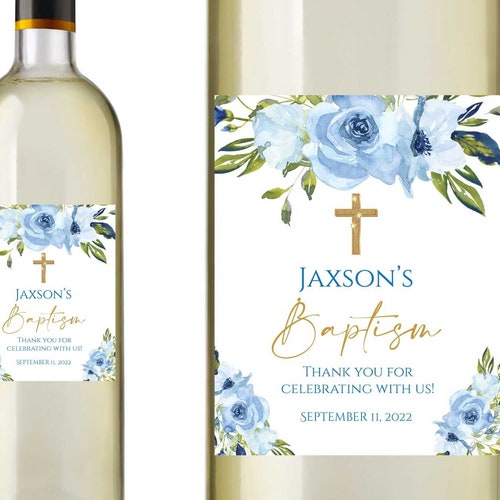 Blue Floral Baptism Wine Labels Boy Baptism Wine Label Favors Etsy