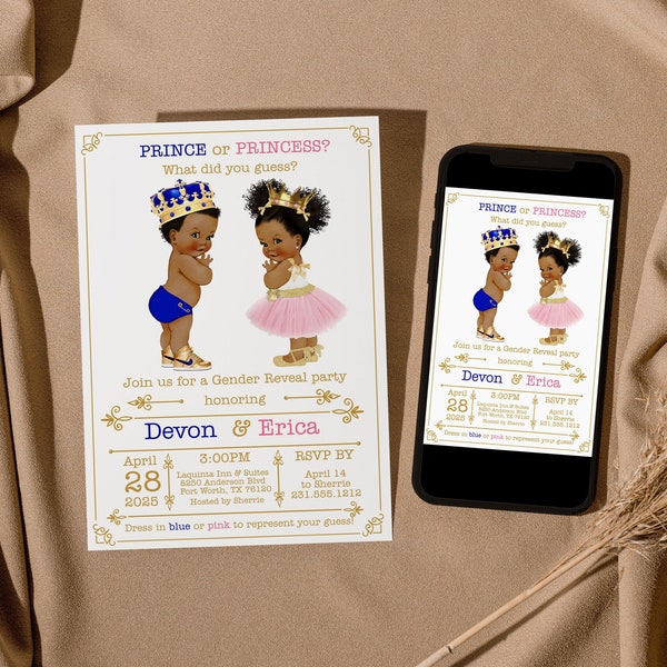 Prince or Princess? Gender Reveal Invitation Printable, African American,  Ties or Tutus Baby Shower, Royal