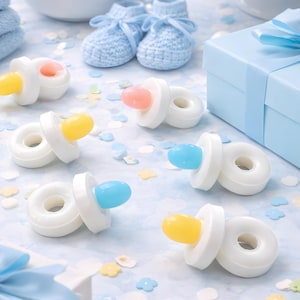 May include: A baby shower scene with pacifier-shaped candies in various colors, blue knitted baby booties, cupcakes with blue frosting, and a wrapped gift box with a blue ribbon. A teddy bear and a bowl of candies are also present.