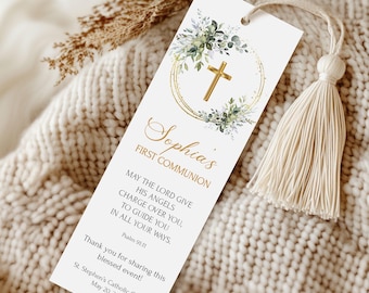 Greenery First Communion Bookmark, Custom Favor Printed