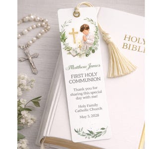 Boy First Communion Bookmark Favors, Watercolor Greenery (Editable PDF)