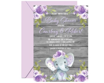 Purple Elephant Baby Shower Invitation, Floral Template (Digital File)