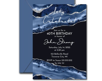 Navy Silver Birthday Invitation, Blue and Silver Agate Birthday Invite, Navy Silver Birthday Invitation, Men's Birthday Invitation, Women