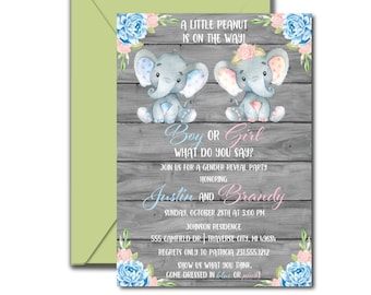 Elephant Gender Reveal Invitation Printable, Floral,  Pink or Blue Watercolor Shower, Boy or Girl