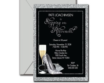 Silver Glitter Retirement Invitation |  Shoes Retirement Party Invitation