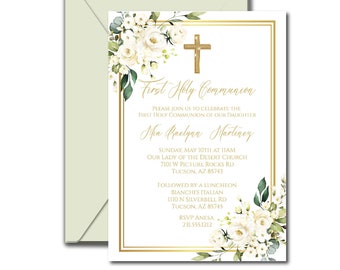 Gold First Holy Communion Invite, Girl, Printable Gold First Communion Invitation, Corjl Template