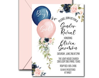 Balloons Gender Reveal Invitation Template, Pink or Blue (Digital File)
