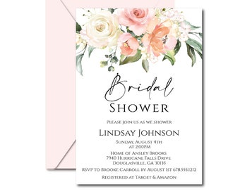 Blush Bridal Shower Invitation, Blush Bridal Shower Invites, Floral Bridal Shower Invitation Template, Pink Invitations